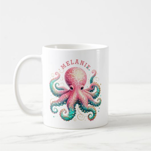 Glittery Octopus Waterverven Monogram Coffee Mok (Links)