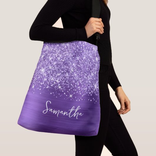 Glittery Paars Amethyst Glam Name Crossbody Tas (Dichtbij)