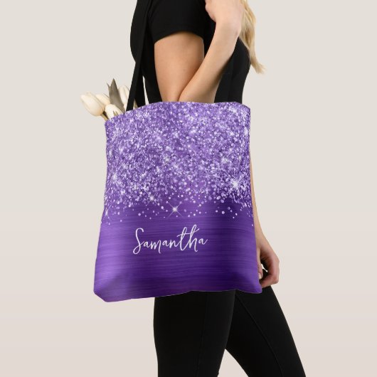 Glittery Paars Amethyst Glam Name Tote Bag (Dichtbij)