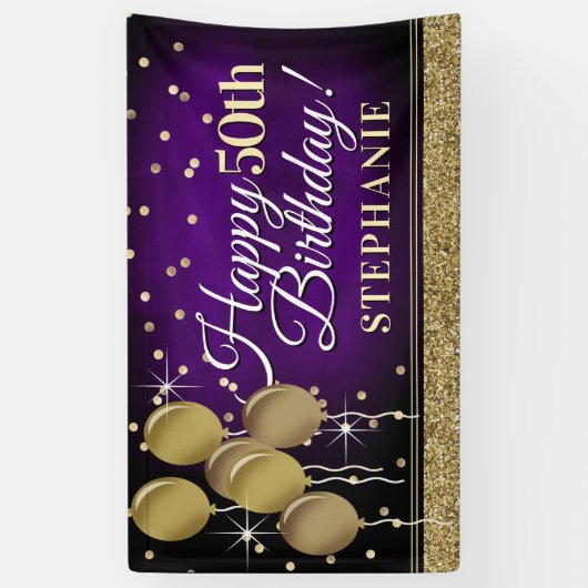Glittery Paars en Gold Happy Birthday Banner (Verticaal)