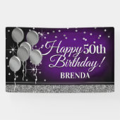 Glittery Paars en Silver Happy Birthday Banner (Horizontaal)