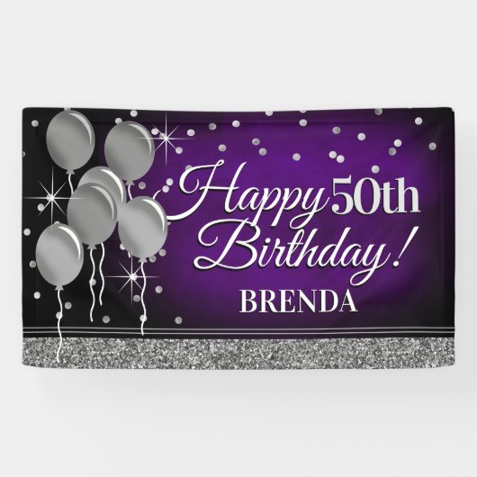 Glittery Paars en Silver Happy Birthday Banner (Horizontaal)