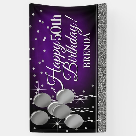 Glittery Paars en Silver Happy Birthday Banner (Verticaal)