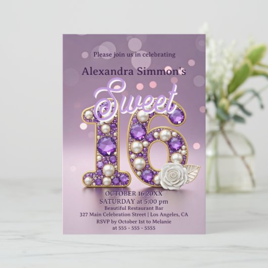 Glittery Paarse Edelsteen & Pearl Sweet 16 Verjaar Kaart (Staand voorkant)