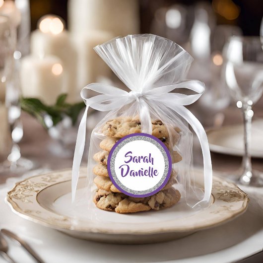 Glittery Paarse en zilveren Naam Favor Sticker
