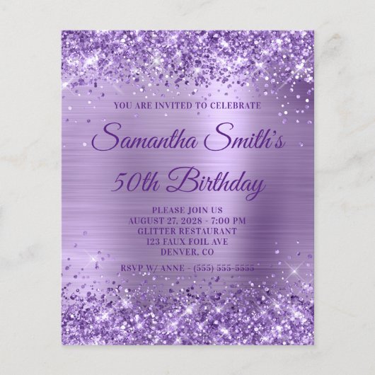 Glittery Paarse Folie Monogram 50th Birthday Invit Flyer (Voorkant)
