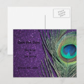 Glittery Paarse Peacock Save the Date Briefkaart (Voorkant / Achterkant)