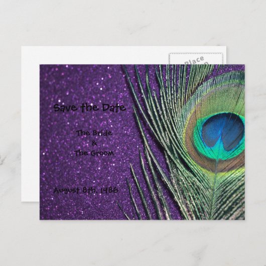 Glittery Paarse Peacock Save the Date Briefkaart (Voorkant / Achterkant)