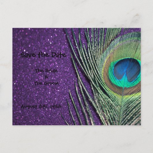 Glittery Paarse Peacock Save the Date Briefkaart (Voorkant)