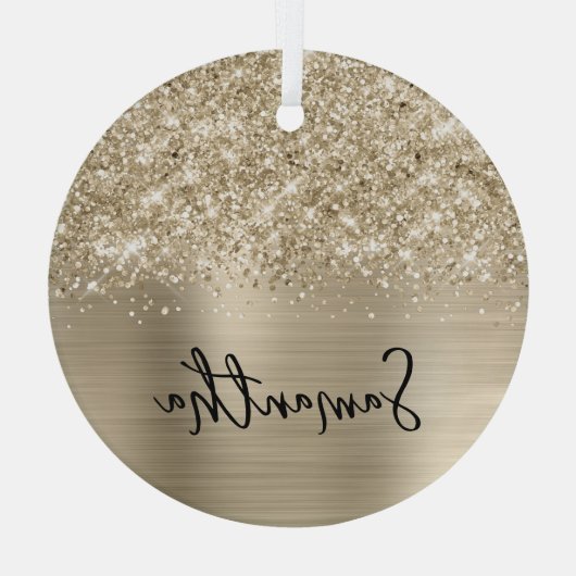 Glittery Pale Gold Glam Name Glas Ornament (Achterkant)