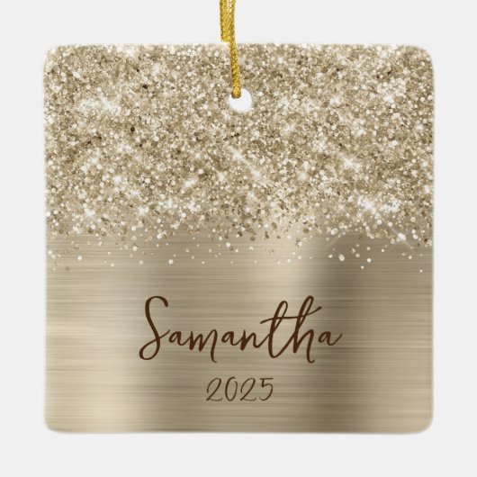 Glittery Pale Gold Glam Name Photo Keramisch Ornament (Voorkant)