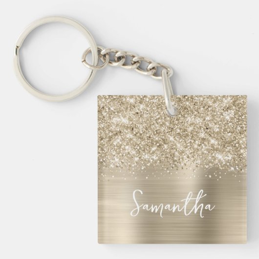 Glittery Pale Gold Glam Name Photo Sleutelhanger (Voorkant)