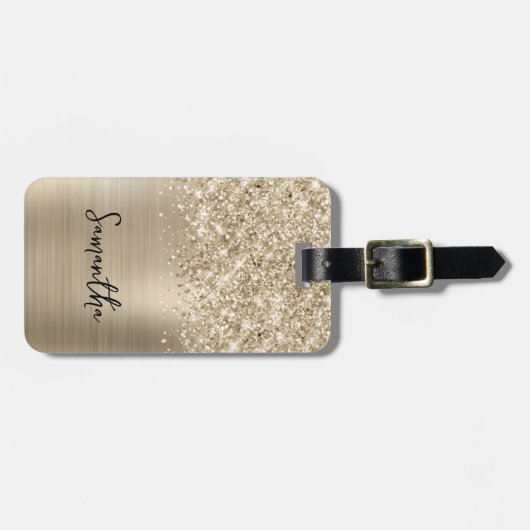 Glittery Pale Gold Glam Script Name Bagagelabel (Voorkant horizontaal)