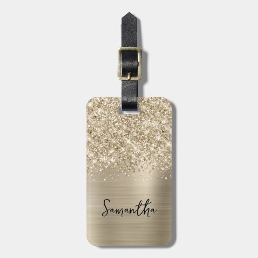 Glittery Pale Gold Glam Script Name Bagagelabel (Voorkant verticaal)