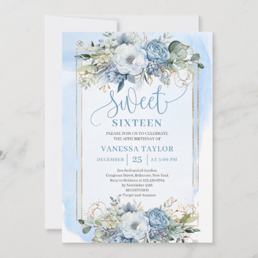 Glittery Pastel Blue White Peonies Sweet 16 Invite Kaart (Voorkant)