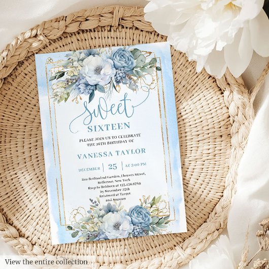 Glittery Pastel Blue White Peonies Sweet 16 Invite Kaart