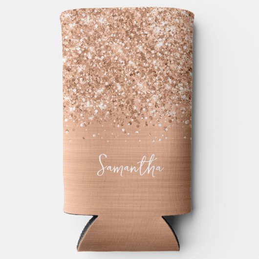 Glittery Peach Glam Script Naam Seltzer Blikjeskoeler (Voorkant)