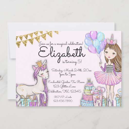 Glittery Pink Birthday Girl Unicorn Uitnodiging (Voorkant)