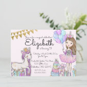 Glittery Pink Birthday Girl Unicorn Uitnodiging (Staand voorkant)