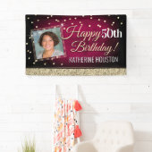 Glittery Pink en Gold Happy Birthday-banner Spandoek (Insitu)