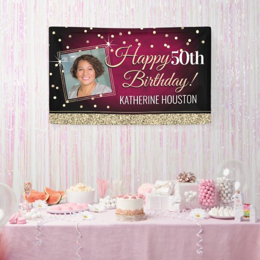 Glittery Pink en Gold Happy Birthday-banner Spandoek (Feest)