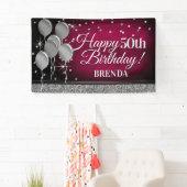 Glittery Pink en Silver Happy Birthday-banner Spandoek (Insitu)