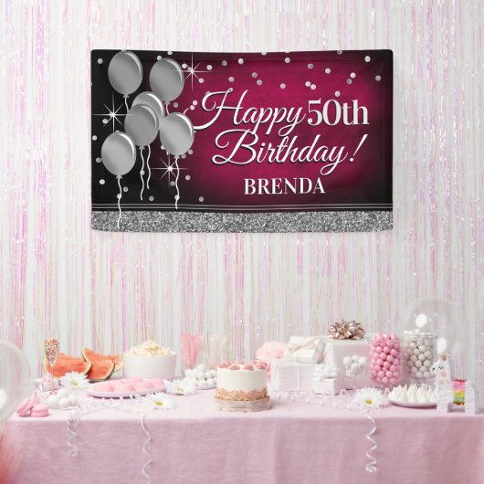 Glittery Pink en Silver Happy Birthday-banner Spandoek (Feest)