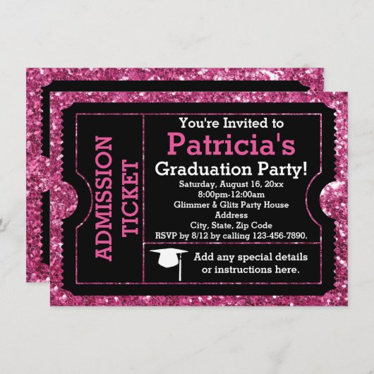 Glittery Pink Graduation Party Ticket Invitation Kaart (Voorkant / Achterkant)