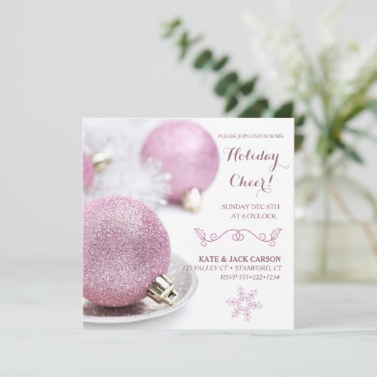 Glittery Pink Ornaments Moderne Kerstmis Kaart (Staand voorkant)