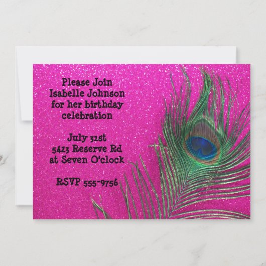 Glittery Pink Peacock Birthday Uitnodiging (Voorkant)