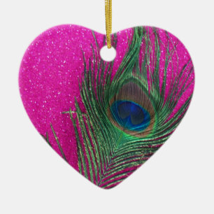 Glittery Pink Peacock Feather Keramisch Ornament