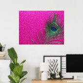 Glittery Pink Peacock Feather Poster (Thuiskantoor)