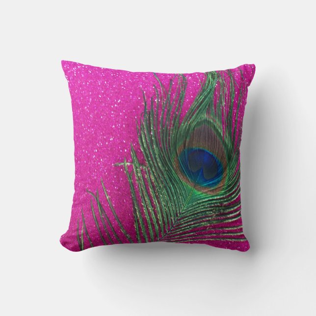 Glittery Pink Peacock Feather stille levensduur Kussen (Voorkant)