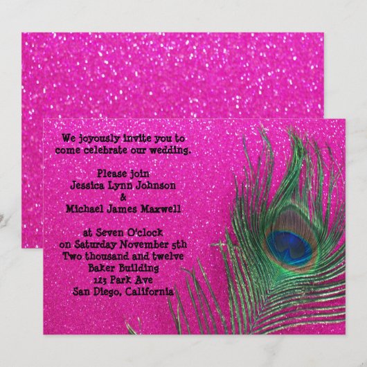 Glittery Pink Peacock Wedding Uitnodiging (Voorkant / Achterkant)