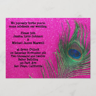 Glittery Pink Peacock Wedding Uitnodiging