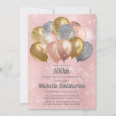 Glittery Pink Silver Gold-ballonnen 100e verjaarda Kaart (Voorkant)