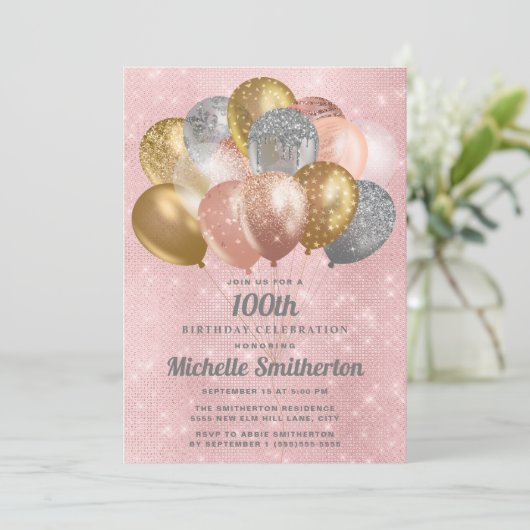 Glittery Pink Silver Gold-ballonnen 100e verjaarda Kaart (Staand voorkant)