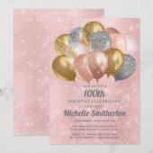 Glittery Pink Silver Gold-ballonnen 100e verjaarda Kaart (Voorkant / Achterkant)