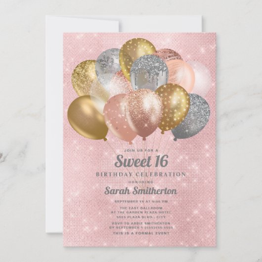 Glittery Pink Silver Gold-ballonnen, gezoet 16 Kaart (Voorkant)