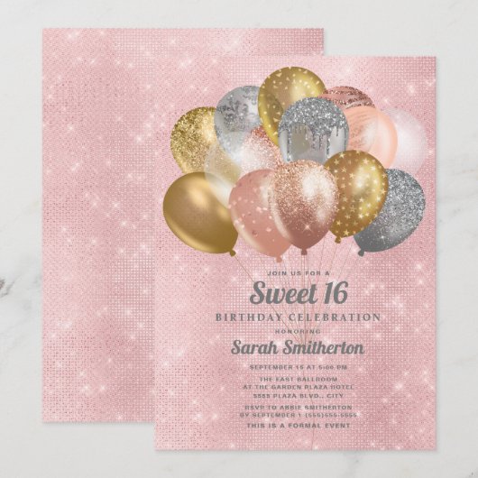 Glittery Pink Silver Gold-ballonnen, gezoet 16 Kaart (Voorkant / Achterkant)