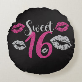 Glittery Pink Silver Sweet 16 Kisses Rond Kussen