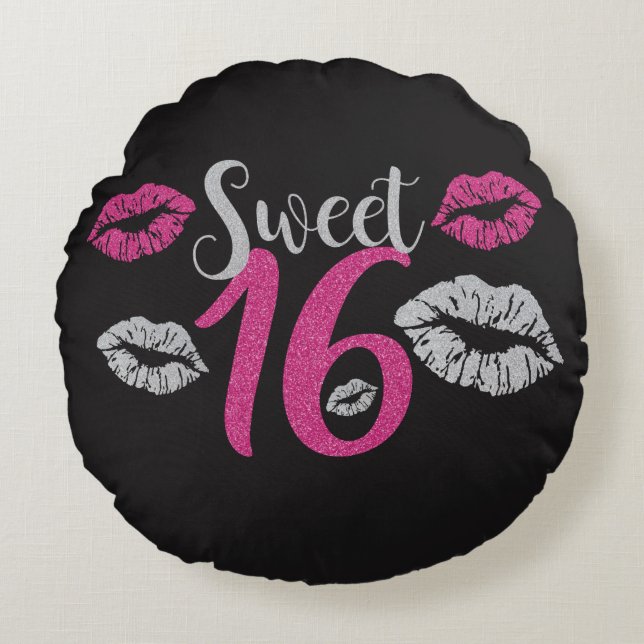 Glittery Pink Silver Sweet 16 Kisses Rond Kussen (Voorkant)