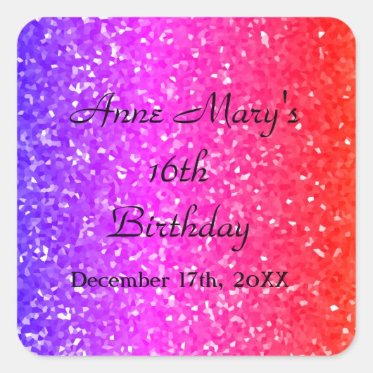 Glittery Pink Sparkle Custom Name 16th Verjaardag Vierkante Sticker (Voorkant)