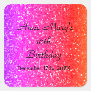 Glittery Pink Sparkle Custom Name 16th Verjaardag Vierkante Sticker