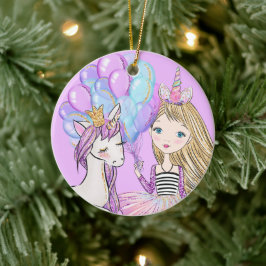 Glittery Pink Unicorn Girls Birthday Ceramic Ornam Keramisch Ornament