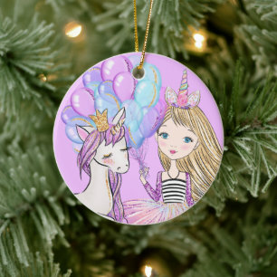 Glittery Pink Unicorn Girls Birthday Ceramic Ornam Keramisch Ornament