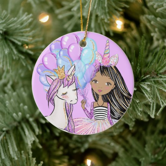 Glittery Pink Unicorn Girls Birthday Ceramic Ornam Keramisch Ornament (Boom)