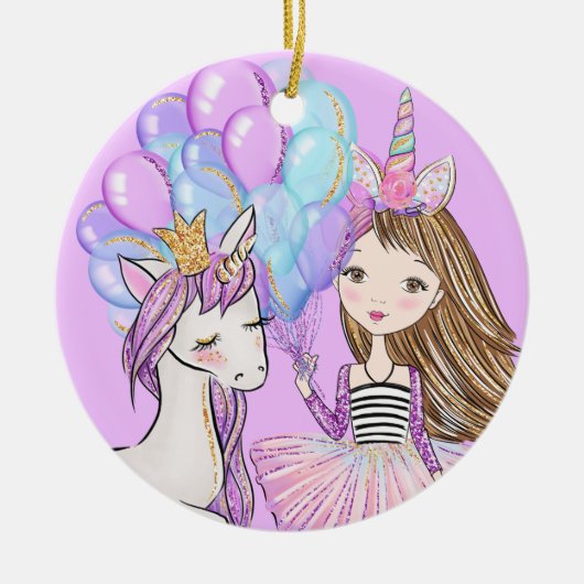 Glittery Pink Unicorn Girls Birthday Keramisch Ornament (Voorkant)