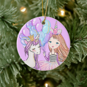 Glittery Pink Unicorn Girls Birthday Keramisch Ornament