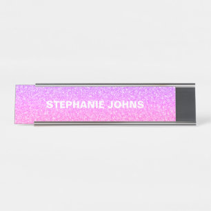 Glittery Pink White Silver Monogram Name Aangepast Bureau Naambordje